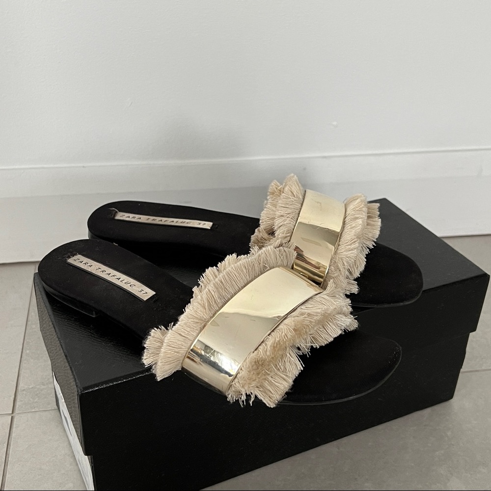 Zara Black Slide Sandals with Gold Metallic and Cream Fringe